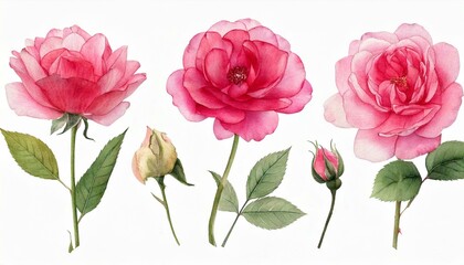 Obraz premium Watercolor translucent roses set . Botanical flower illustration. Pressed flower with leaves.
