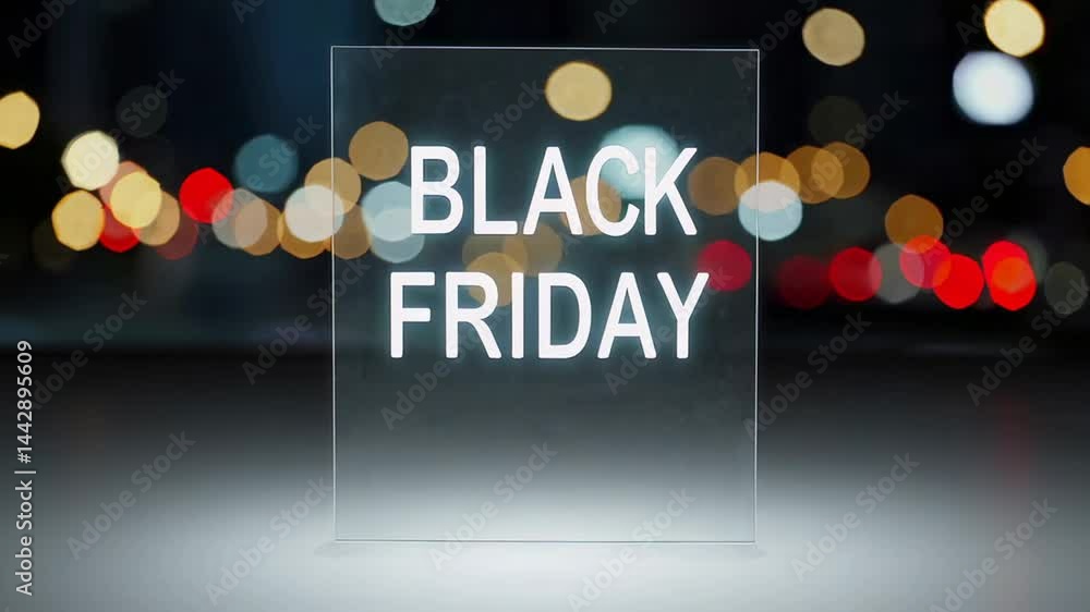Poster black friday glowing transparent sign hovering against blurred nighttime city backdrop, creating ele