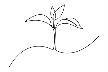 Growth plant in single continuous Line drawing. Sprout with leaves in simple linear style isolated vector illustration
