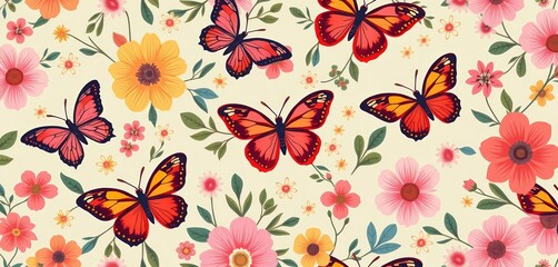 Sweet seamless floral & butterfly pattern; vibrant trendy colors, retro folk art style, ample empty space, sweet, spring