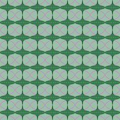 Seamless geometric pattern with a retro-futuristic vibe. Green abstract shapes form a grid on a mint background, ideal for textiles, wallpapers, or digital art projects