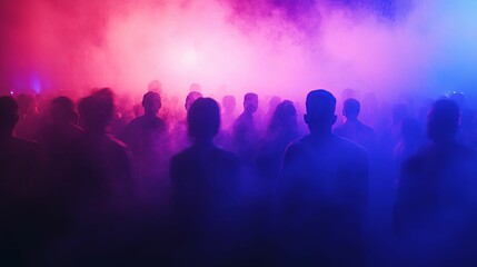 Silhouettes of people in a vibrant illuminated crowd.