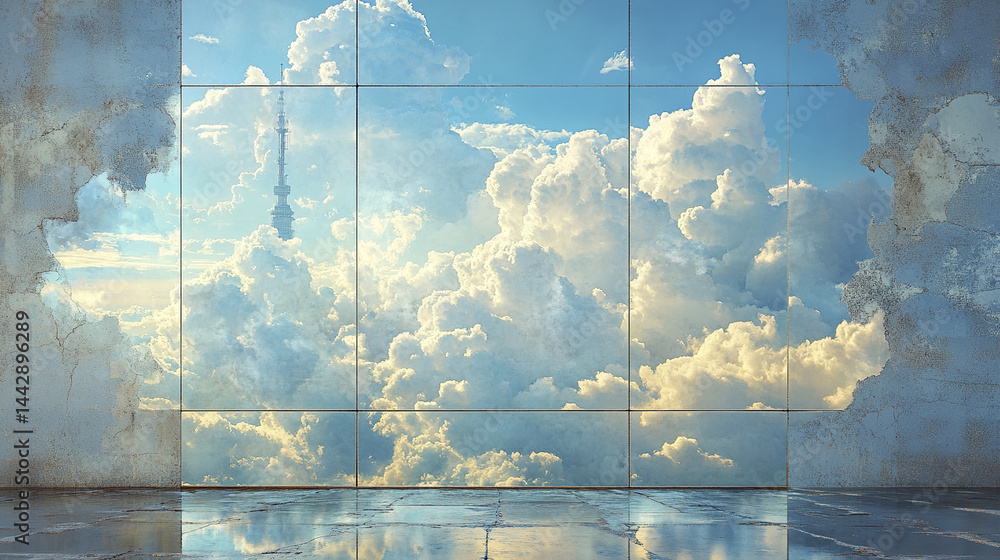 Poster serene view of fluffy clouds reflected in modern glass wall, creating tranquil atmosphere