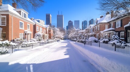 Fototapeta premium Snow-covered street lined with charming brick houses, skyscrapers in background under a vibrant blue sky
