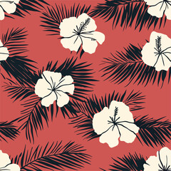 Tropical Flora an artistic illustration showcasing a repeating pattern of delicate white hibiscus flowers and stylized palm leaves against a vibrant coral backdrop. A burst of color. 