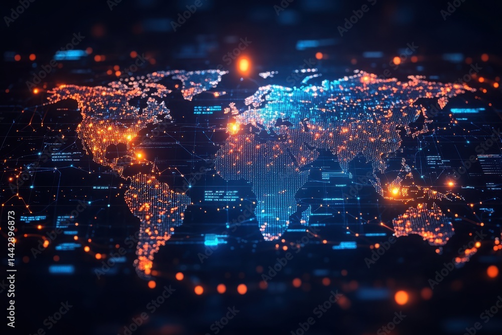 Poster global network: digital world map with connected data points in blue and orange