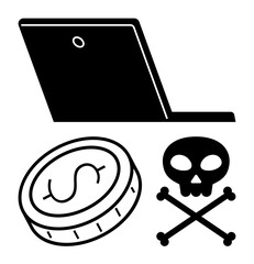 Laptop with single camera lens, a coin with a dollar sign, and a skull with crossbones. Ideal for cybersecurity, online fraud, financial crime, hacking, malware, phishing simple landing page