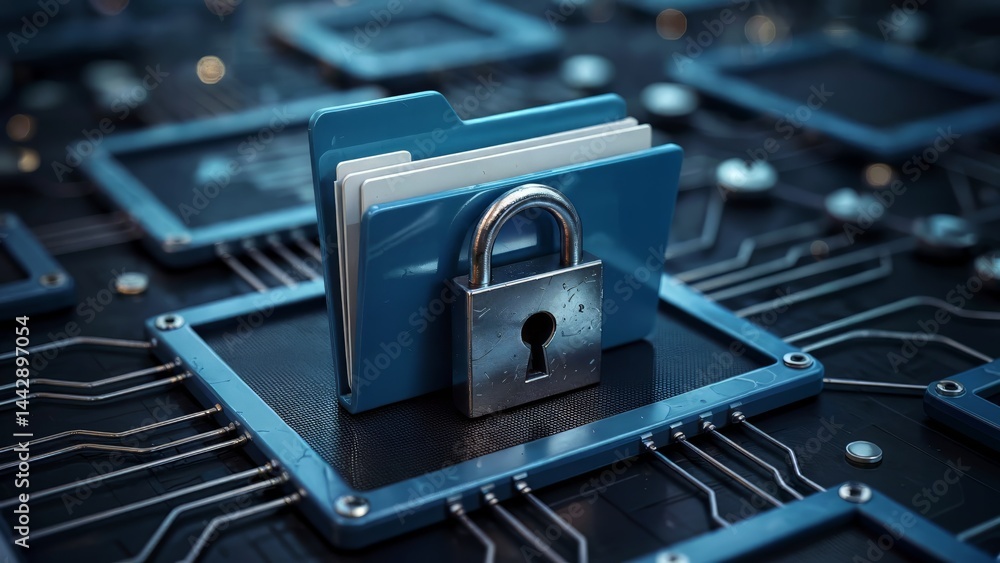 Poster Secure Data Protection Concept, 3D Folder with Lock on Digital Circuit Board