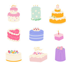 Cake Set in modern flat style isolated on white background. Sweet pastries for birthdays, weddings or other celebrations. Vector cake with candles, cupcake or cheesecake for greeting card design