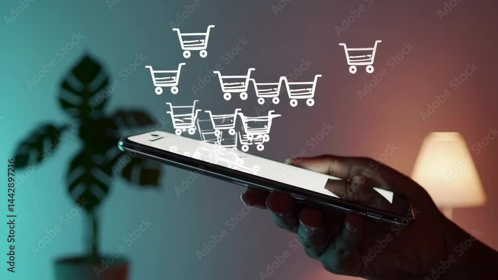 Poster online shopping addiction concept showing increasing shopping cart icons appearing from a smartphone