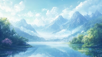 Fototapeta premium Serene mountain lake with lush greenery and majestic peaks under blue sky