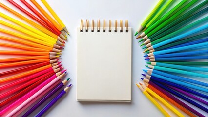 Fototapeta premium Blank spiral notebook surrounded by vibrant colored pencils arranged in a rainbow spectrum