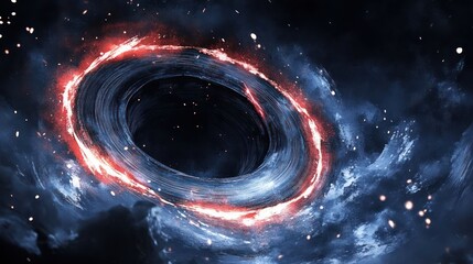 A cosmic vortex surrounded by swirling clouds and glowing elements, depicting a black hole.