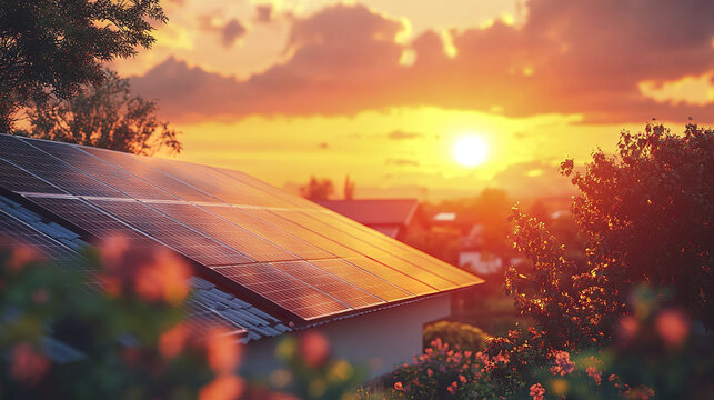 beautiful sunset over residential rooftop with solar panels, surrounded by blooming flowers