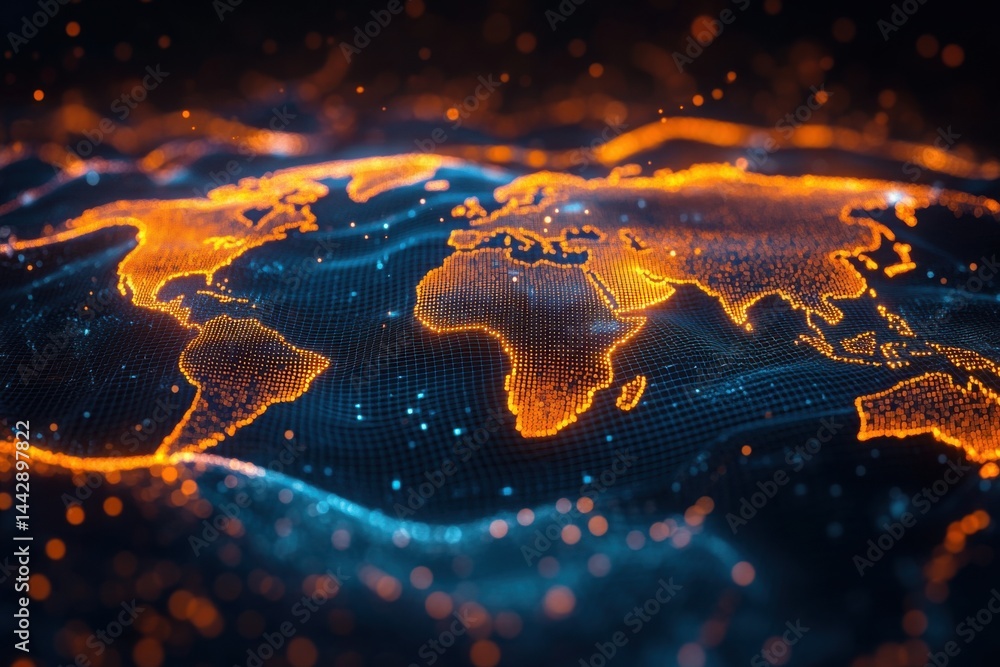 Poster digital world map with glowing continents and blue grid depicting global connection