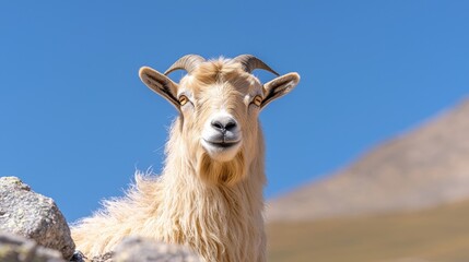 Fototapeta premium A light brown goat with horns stands on a rocky mountain slope under a clear blue sky.