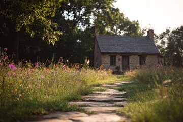 Obraz premium A charming countryside cottage nestled among wildflowers with soft sunlight, swaying blooms, and a rustic stone path in a cozy atmosphere Generative AI