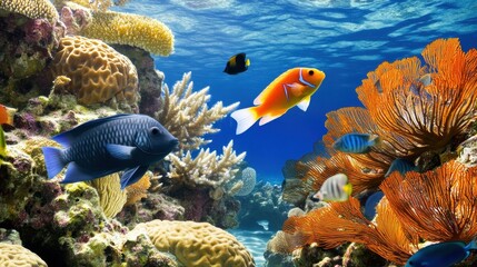 Naklejka premium Vibrant Coral Reef Scene with Colorful Fish and Marine Life
