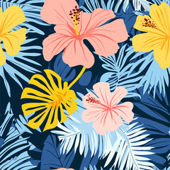 Tropical Hibiscus and Palm Leaves Pattern a vibrant and bold seamless pattern featuring pink and yellow hibiscus flowers amidst lush tropical palm leaves in a dark blue backdrop.