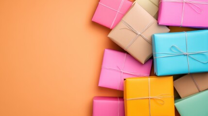 Obraz premium Colorful Wrapped Gifts on Orange Background for Celebrations and Events