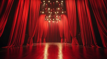 A dramatic theatrical stage setting with crimson drapes.