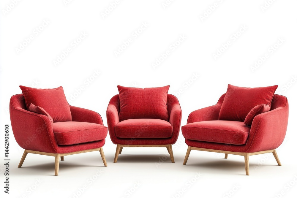 Poster three red armchairs with pillows arranged in a row on a white background in a studio setting