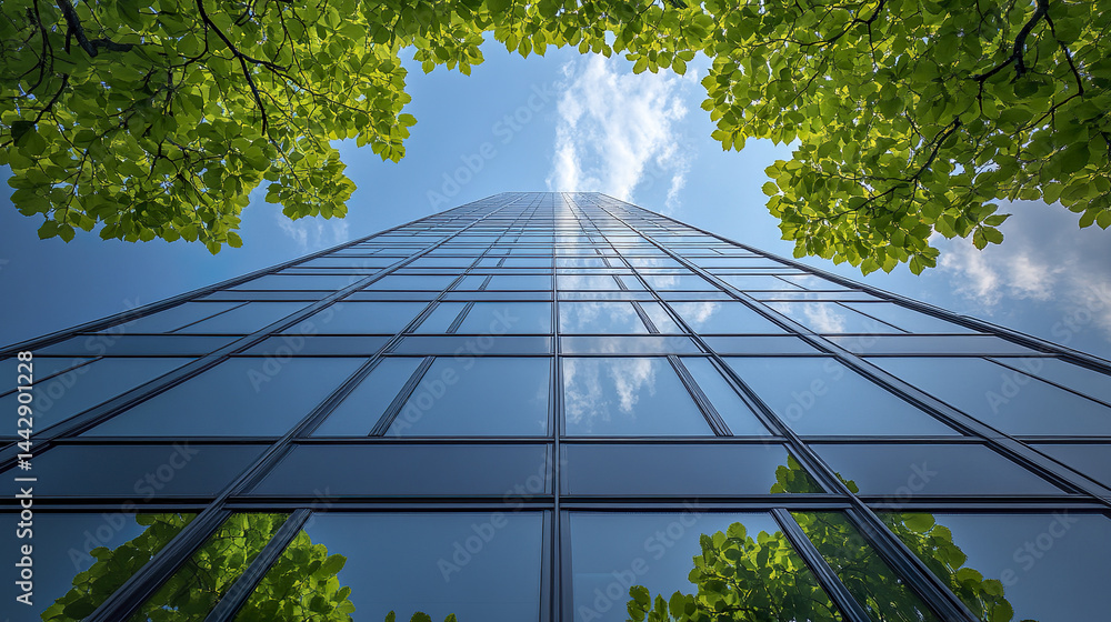 Poster Skyscraper stretching into sky with reflections of greenery and clouds above
