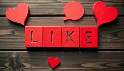 Top view of red social media like and speech bubbles on wooden table, connection, online, digital
