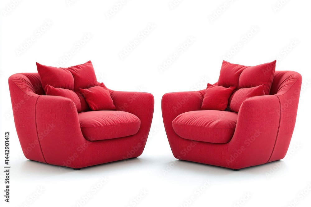 Poster two red armchairs with pillows on a white background in a studio setting with bright lighting