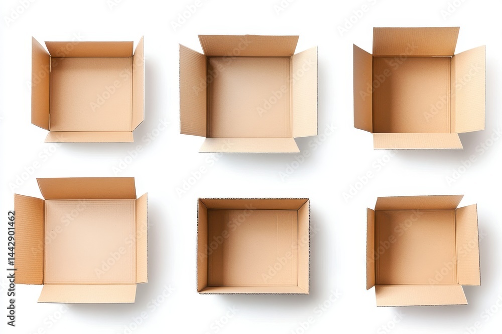 Poster a top down view of six empty cardboard boxes arranged on a white surface in a grid pattern