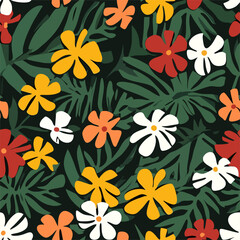 Tropical Flora a vibrant, stylized pattern of colorful flowers and lush green leaves creates a visually striking design, evoking a sense of tropical beauty and natural splendor.