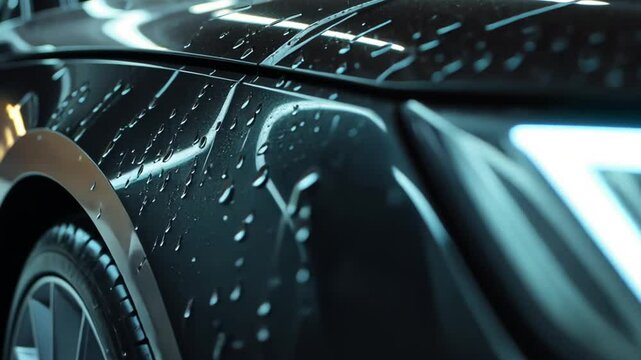 Close-up car wash detail. Water droplets and cleaning foam