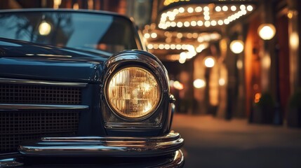 Close-up of a vintage car's headlights at night.