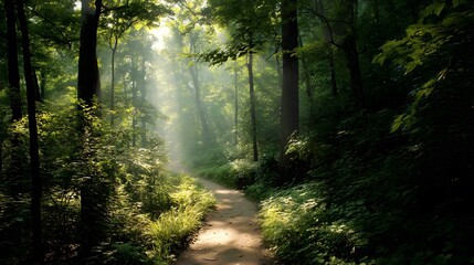 Obraz premium Sunlit Path Through Lush Green Forest with Soft Light Filtering Through Trees
