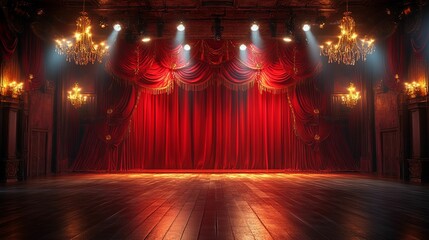 Grand theatrical stage, illuminated by spotlights.