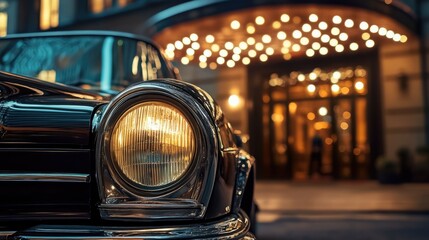 Close-up of a vintage car's headlights at night.