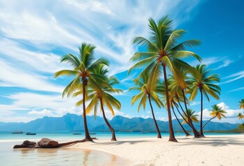 Obraz premium Tranquil beach, palm trees sway gently under a vibrant blue sky, majestic mountains in the distance, waves, paradise