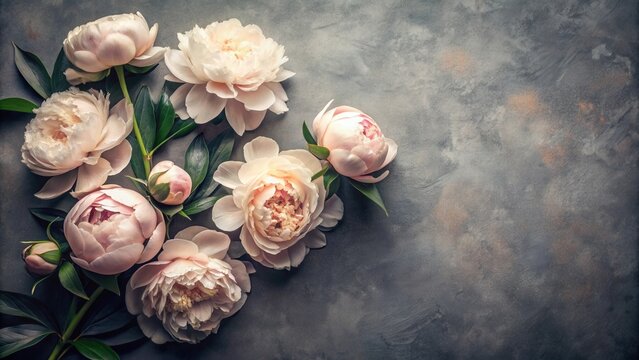 Elegant pastel peonies arranged on a textured gray background, perfect for wedding invitations or springtime announcements