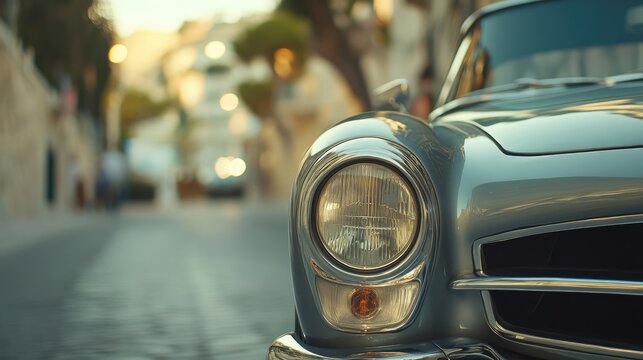 Fototapeta Close-up of a vintage car's headlights at night.