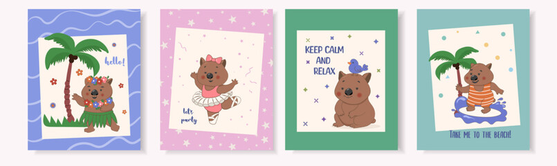 Set of greeting card designs featuring cute wombat with surf. Ballet dancer. Perfect for print and party invitations