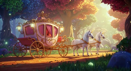 A dreamy 3D cartoon carriage pulled by magical unicorns in a fantasy forest