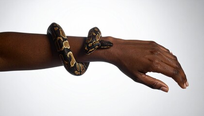 Naklejka premium A striking close-up of a human wrist dramatically lit against a white background, wrapped by an exotic baby snake, designed as a bold and elegant mockup concept for luxury watch advertisements