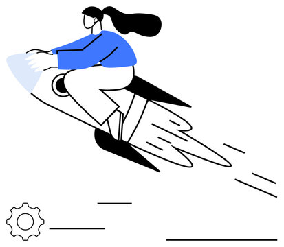 Fototapeta Woman confidently riding a rocket symbolizing ambition, innovation, and rapid growth. Ideal for themes thumbs up business success, career advancement, technology, progress, startup culture, visionary