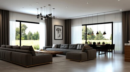 Fototapeta premium Modern Living Room with Large Windows and Elegant Furnishings