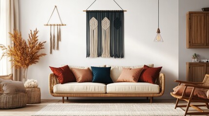 Modern Living Room with Cozy Textile Decor and Warm Color Palette