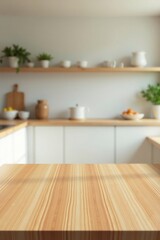 Empty light wood table top in front of blurred modern kitchen