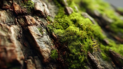 Close-Up Detailed View of Tree Bark Texture with Green Moss in Natural Lighting