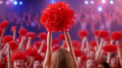 Cheerleader holds vibrant red pom pom high, surrounded by enthusiastic crowd
