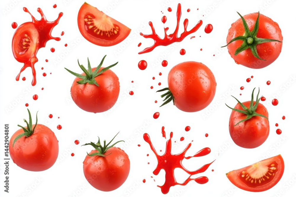 Poster a vibrant display of whole and sliced tomatoes with splashes of juice on a clean white background