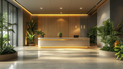 Fototapeta premium Modern reception area with sleek design and lush greenery, creating welcoming atmosphere